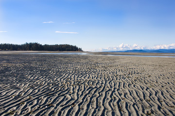 Close-up of a vertical sand pattern on a beach with trees, mountains, and clouds in the distance.