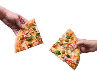 hand taking slices of pizza