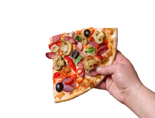 hand taking slices of pizza