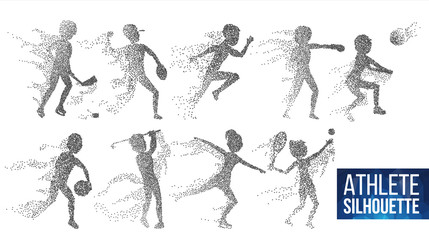 Athlete Silhouette Set Vector. Sport Dynamic Players In Action. Dotted Particles. Sport Banner, Game, Event Concept. Isolated Abstract Illustration