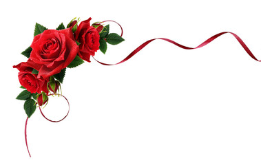 Silk ribbon and red rose flowers with drops of water in corner arrangement