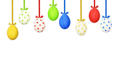 White background with colorful easter eggs hanging on silk ribbons
