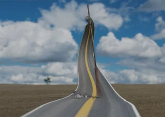 Surralistische Straßenselbstreinigung durch Besen in der Wüste mit blauem Himmel 3D-Darstellung © TDHster