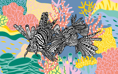 Lionfish with corals in tropical waters