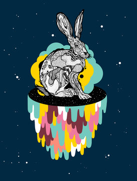 Space rabbit with drips and bubbles with background
