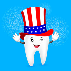 Cute cartoon tooth with American hat. concept for patriotism in America and celebration of independence day and the fourth of july for the United States. illustration.
