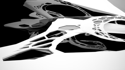 Abstract white and black parametric interior with window. 3D illustration and rendering.
