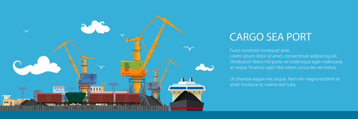 Unloading Coal or Ore from the Dry Cargo Ship, Banner with Sea Freight Transportation, Cargo Transport, Port Warehouses and Cranes and Train, Vector Illustration