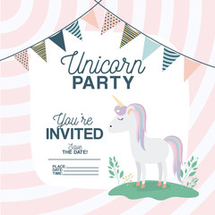 unicorn party invitation card with floral decoration and garlands vector illustration design