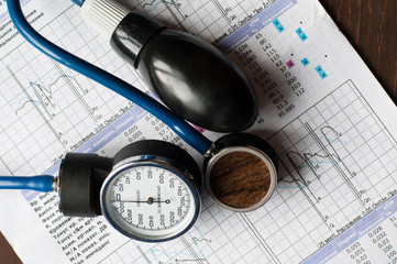 Concept medicine protection of health. Stethoscope and tonometer on the form with medical analysis,...