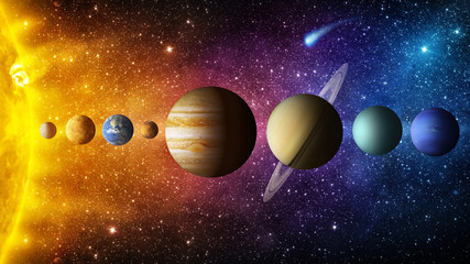 Solar system planet, comet, sun and star. Elements of this image furnished by NASA. Sun, mercury, Venus, planet earth, Mars, Jupiter, Saturn, Uranus, Neptune.  Science and education background. - obrazy, fototapety, plakaty