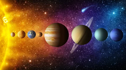 Foto op Canvas Zonnestelsel planeet, komeet, zon en ster. Elementen van deze afbeelding geleverd door NASA. Zon, kwik, Venus, planeet aarde, Mars, Jupiter, Saturnus, Uranus, Neptunus. Wetenschap en onderwijs achtergrond. © Tryfonov