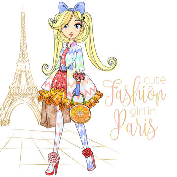 Cute fashion girl with orange bag near Eiffel tower in Paris, anime cartoon character comics girl portrait, young fashion woman vector illustration