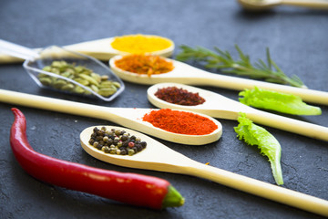 Set of specis and herbs on black stone background