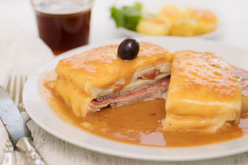 portuguese sandwich francesinha on plate