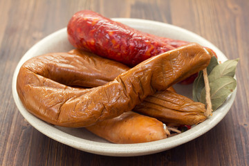typical portuguese smoked sausages on dish