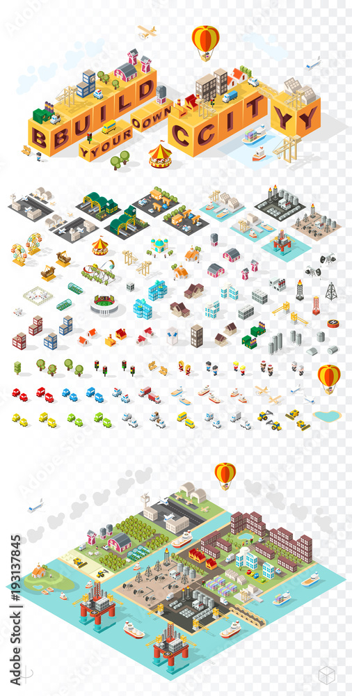 Poster build your own city . set of isolated minimal city vector elements on transparent background