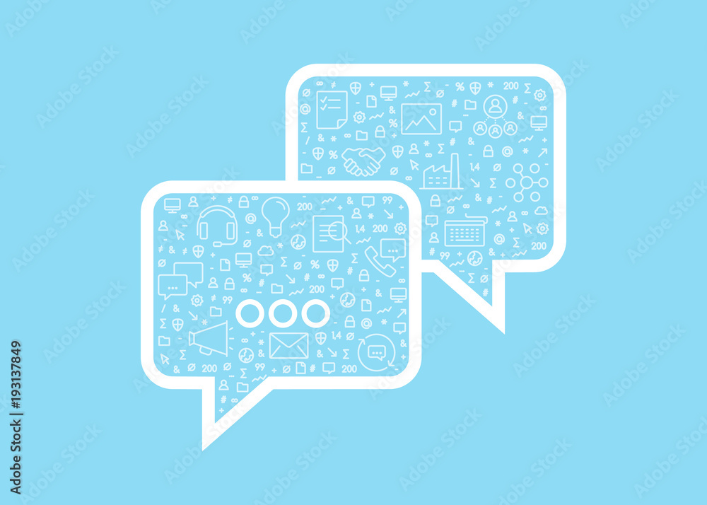Poster business communication vector symbol filled with small icons isolated on light blue background.