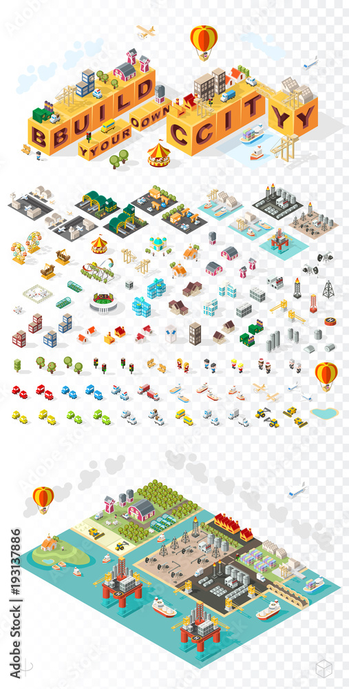 Poster build your own city . set of isolated minimal city vector elements on transparent background