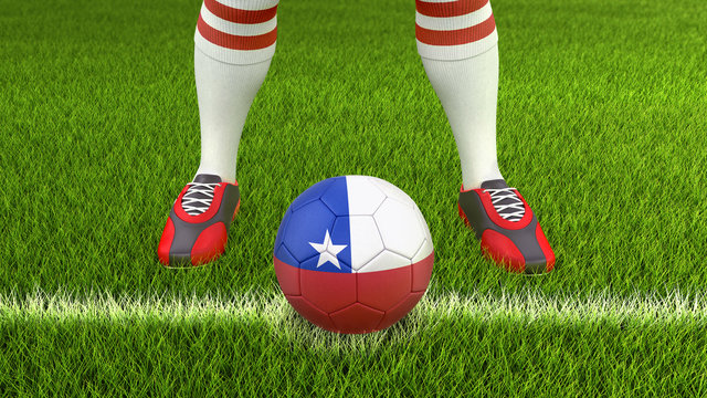 Man and soccer ball  with Chilean flag 