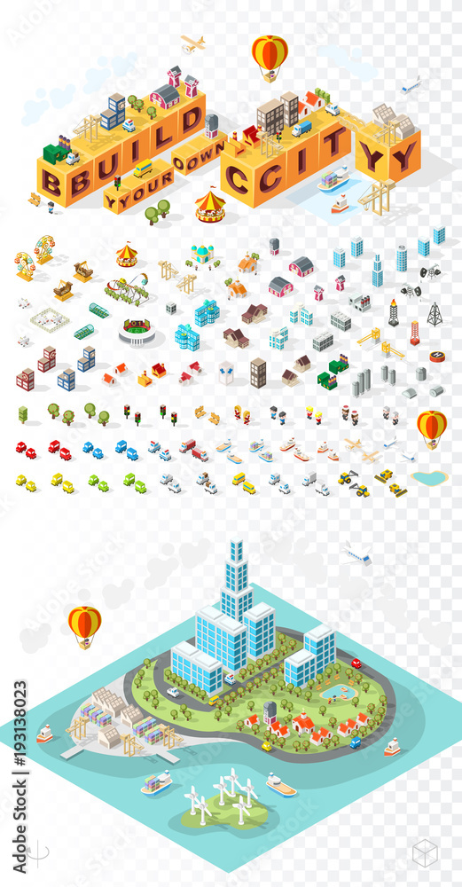 Poster build your own city . set of isolated minimal city vector elements on transparent background