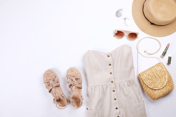 Modern fashionable look for stylish fashion blog lookbook. Flat lay of stylish clothing for woman...
