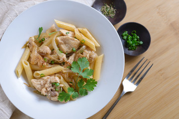 Stir fried Pene Rigate with chicken meat