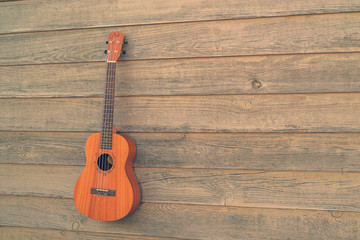 Ukulele Guitar over the wooden fence