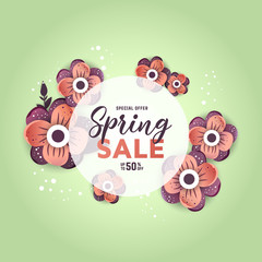 Spring sale banner with paper flowers