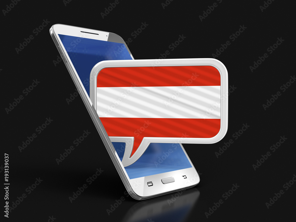 Poster touchscreen smartphone and speech bubble with austrian flag. image with clipping path