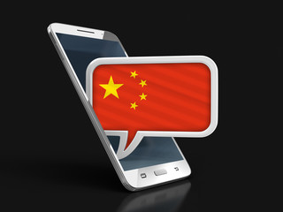 Touchscreen smartphone and Speech bubble with Chinese flag. Image with clipping path