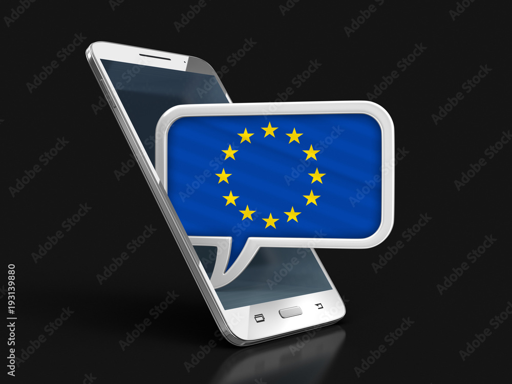 Poster touchscreen smartphone and speech bubble with europian union flag. image with clipping path