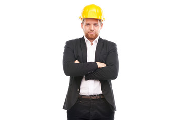 Portrait of architect wearing suit and yellow hardhat on white background