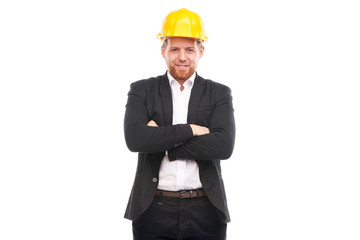 Portrait of architect wearing suit and yellow hardhat on white background