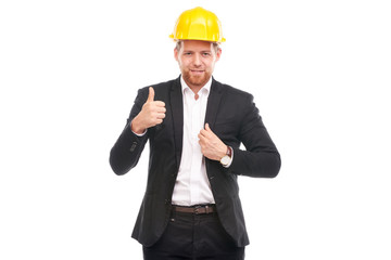 Portrait of architect wearing suit and yellow hardhat on white background