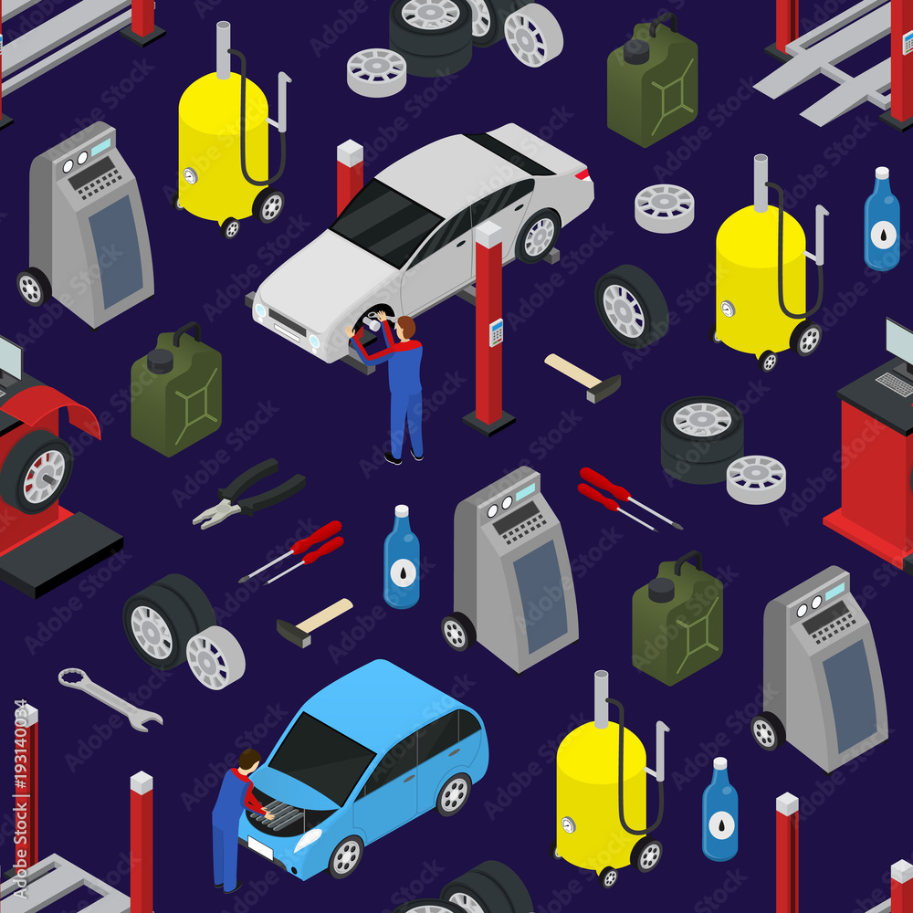 Poster car auto service seamless pattern background on a blue isometric view. vector
