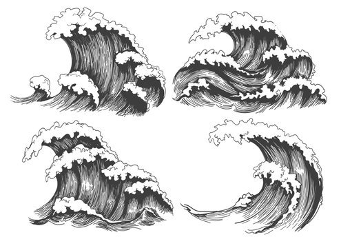 Sea waves sketch. Ocean wave set hand drawn doodle illustration, vector black and white icons