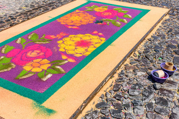 Dyed sawdust Holy Thursday carpet, Antigua, Guatemala
