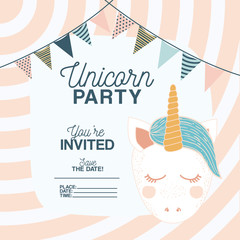 unicorn party invitation card with floral decoration and garlands vector illustration design