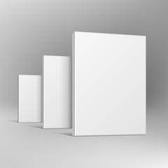 Blank Software Cardboard Or Plastic Package Boxes Group For Your Products. Mock Up, Template. Illustration On Gray Background. Advertising. Vector EPS10
