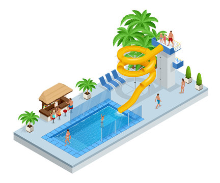 recommend clip art: Isometric Aqua Park with water slides, water pool, people or visitors and palms. Vector illustration isolated on white background