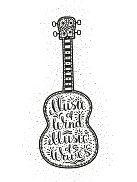 Guitar with intricate patterns and letting inside. Hipster tattoo, print on the T-shirt.  Ukulele with inscription.