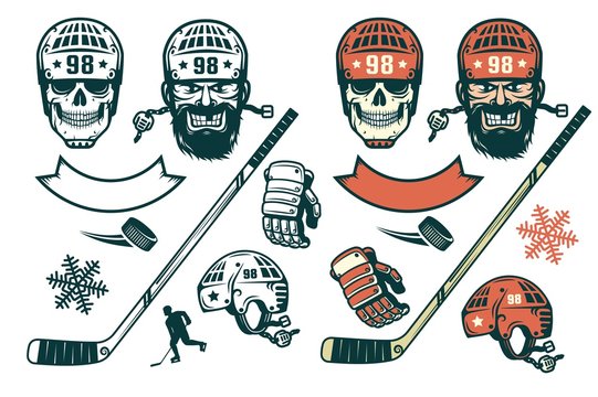Set of hockey elements in retro style -  bearded player, skull in a helmet,  stick, puck,  silhouette,  glove,  snowflake. Monochrome and color version.