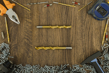 Background or background of fasteners, baits, drills and construction tools.