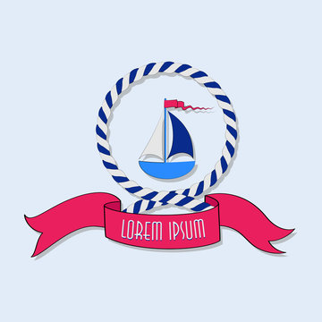 Sailboat in a circle of a rope. Emblem. Sticker. Poster. The concept of sea navigation, competitions, tourism, recreation, travel. Design for printing on fabric or paper.