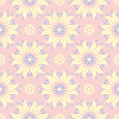 Floral seamless pattern. Pale pink background with light blue and yellow flower elements