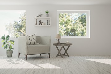 Idea of white room with armchair and summer landscape in window. Scandinavian interior design. 3D illustration