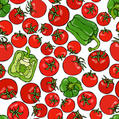 Seamless Pattern with Whole Tomato, Green Bell Pepper, Half of Pepper and Cherry Tomatoes. Fresh Ripe Vegetables Background. Vegan Cuisine. Hand Drawn Vector Illustration. Savoyar Doodle Style.