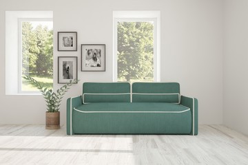 Idea of white room with sofa and summer landscape in window. Scandinavian interior design. 3D illustration