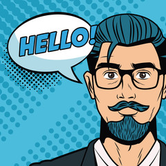 Hipster man with speakbox bubble colorful vector illustration graphic design